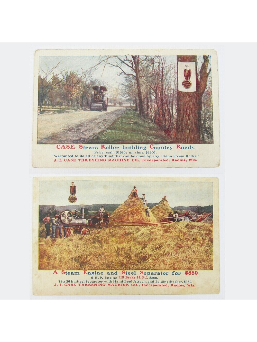 Case Steam Engine With Steel Separator & Case Steam Roller Antique Postcards Lot